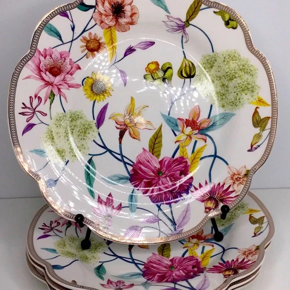 4 Grace Teaware Magnolia Song Bird SALAD Plates Floral Scalloped Gold Rim